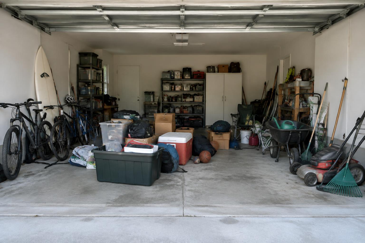 Garage before organisation with items on the floor