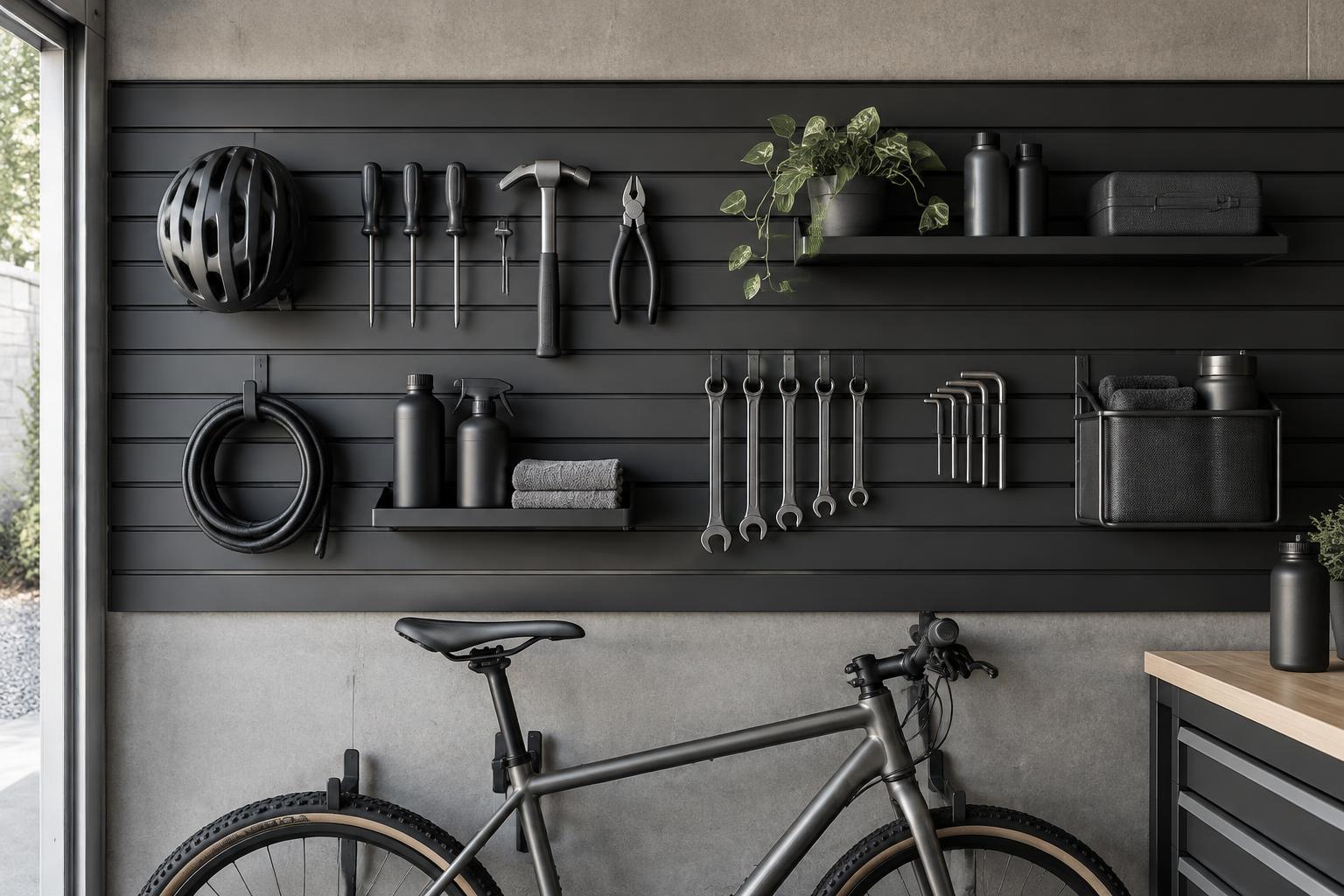 Close view of charcoal slatwall holding tools, shelves and accessories