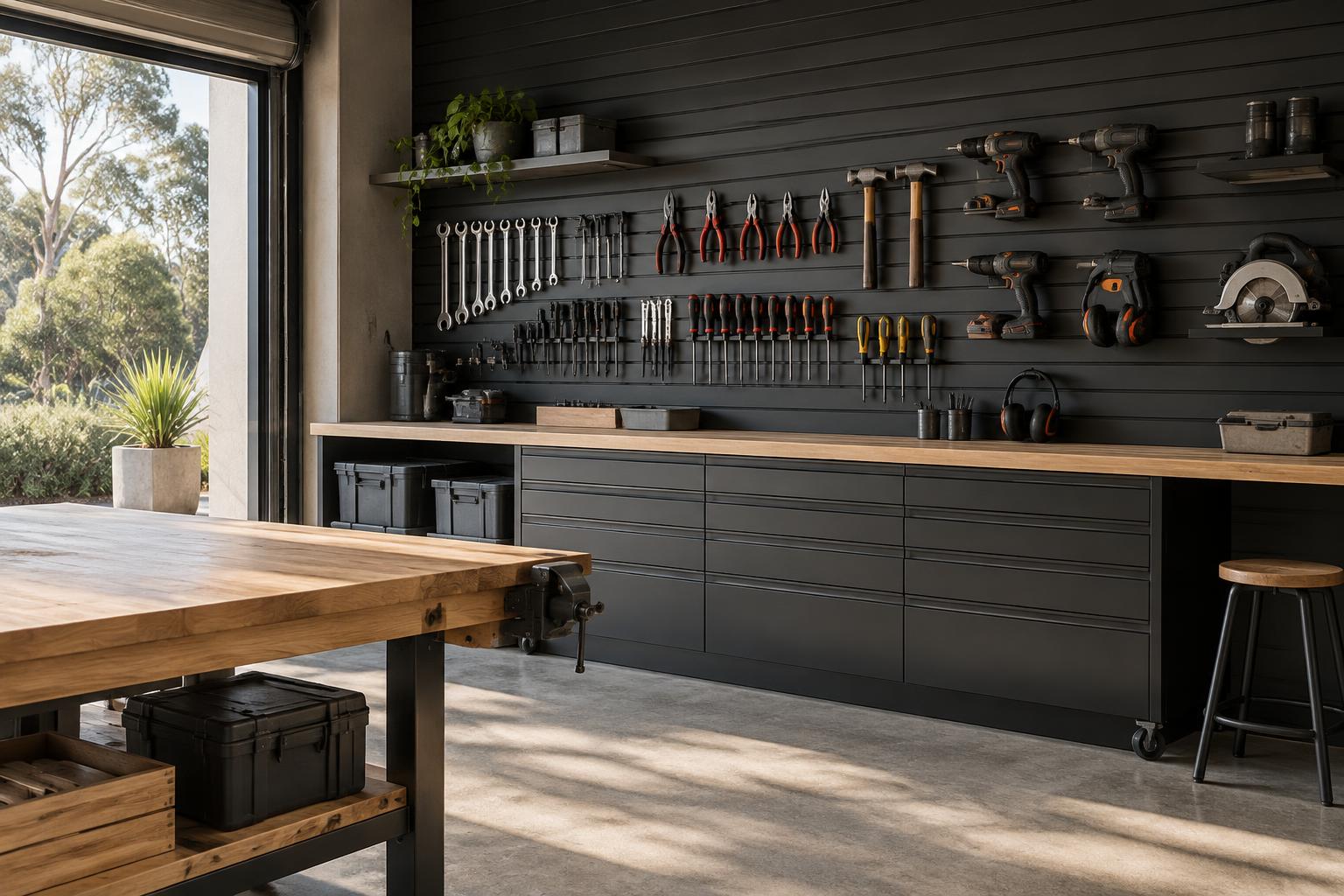 Precisely organised workshop wall with tools and workbench